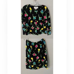 VINTAGE Adrienne Vittadini Black Floral Multi Blazer & Skirt Suit 100% Cotton